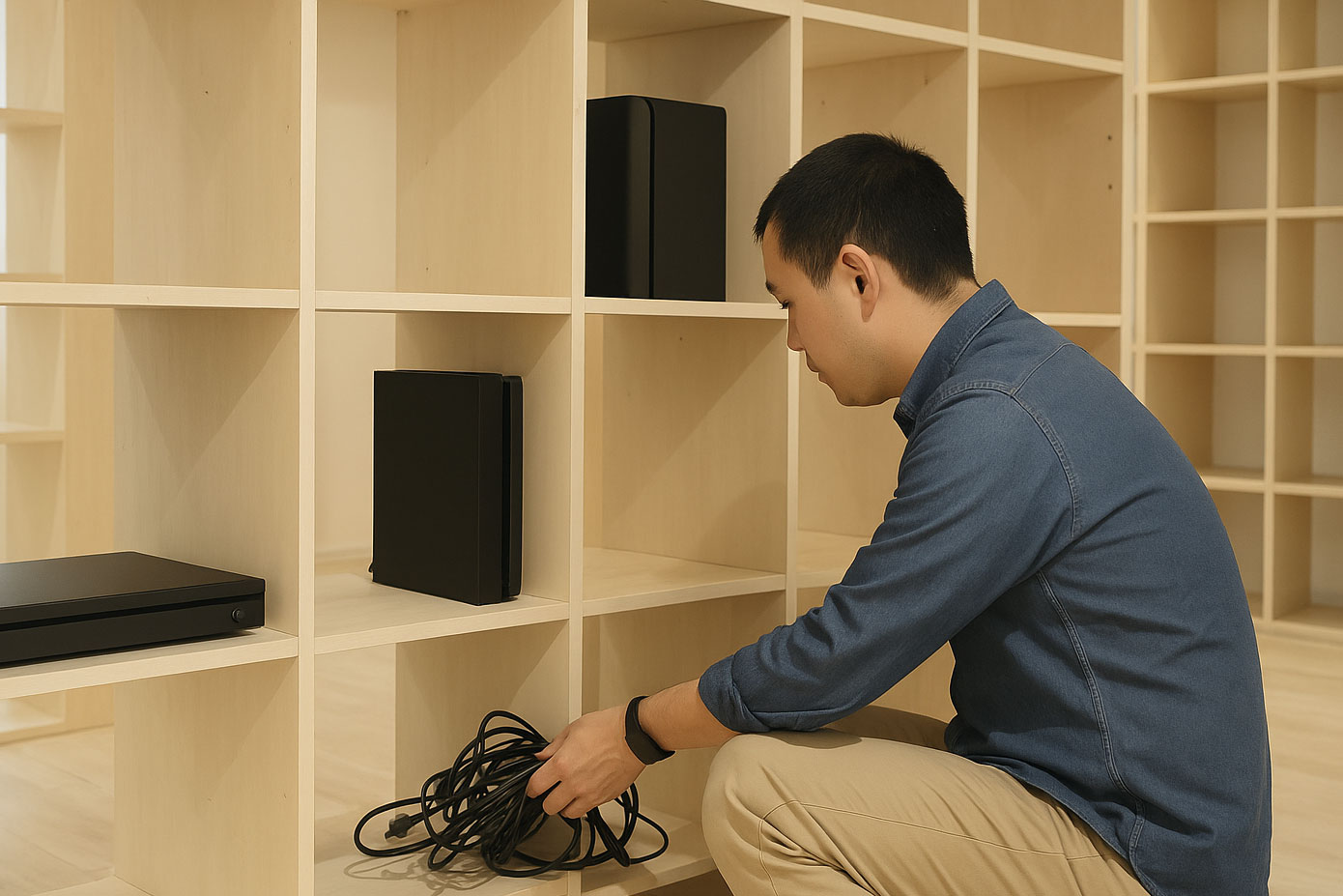 配線の収納部分は扉を付けて配線を隠してスッキリ