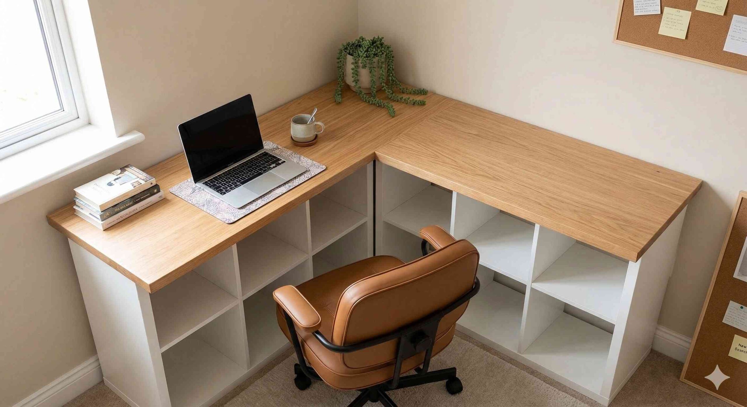 既存のカラーボックスをL字に配置し、天板だけ自作して繋げる