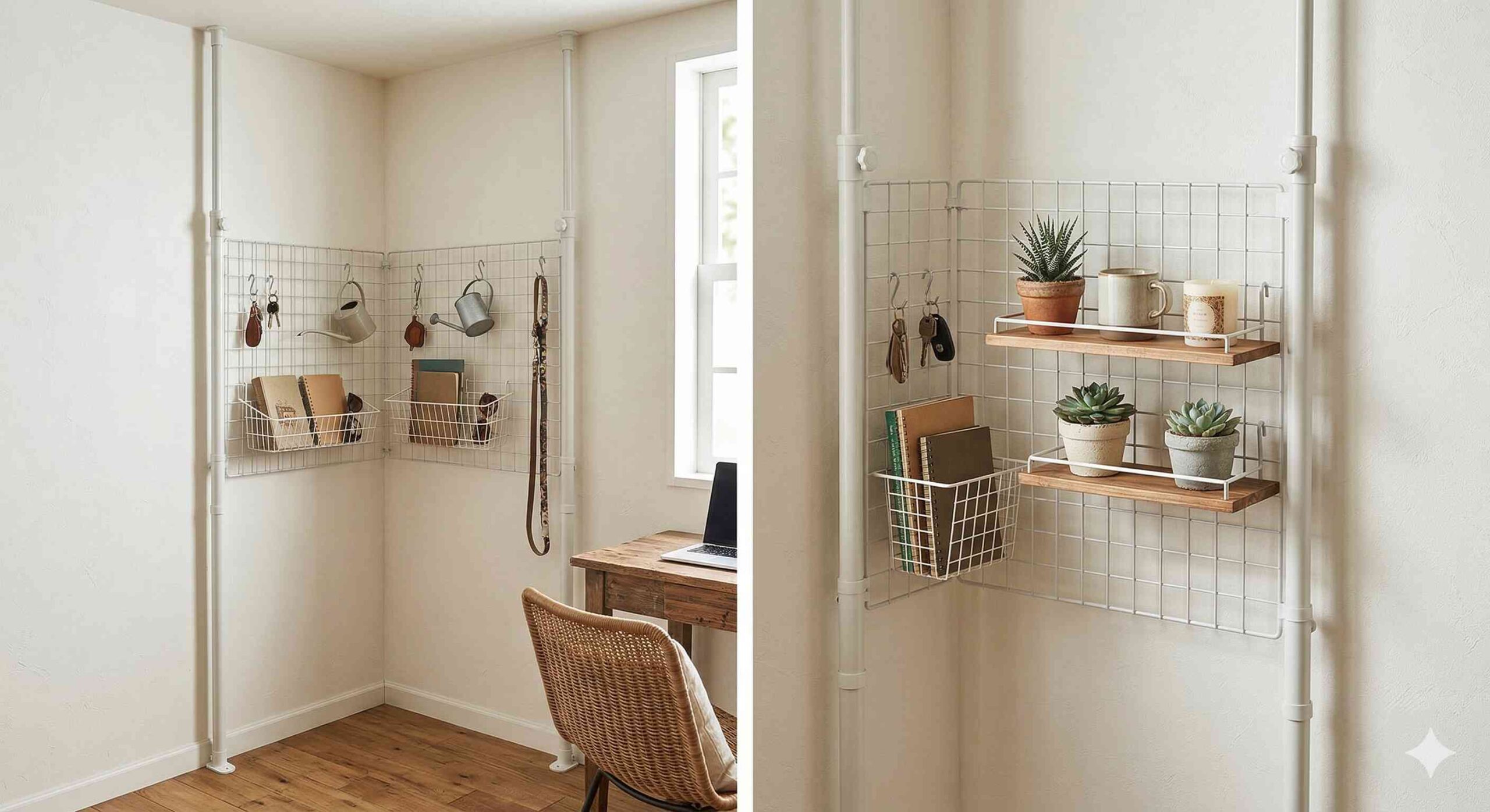 「突っ張りメッシュパネル」による空中収納